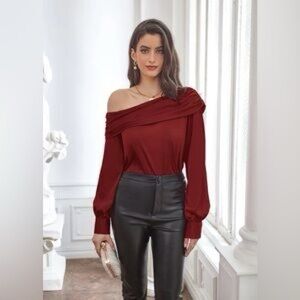 ASTR‎ The Label Women’s Ellen Satin Top Size Medium Red Long Sleeve One Shoulder
